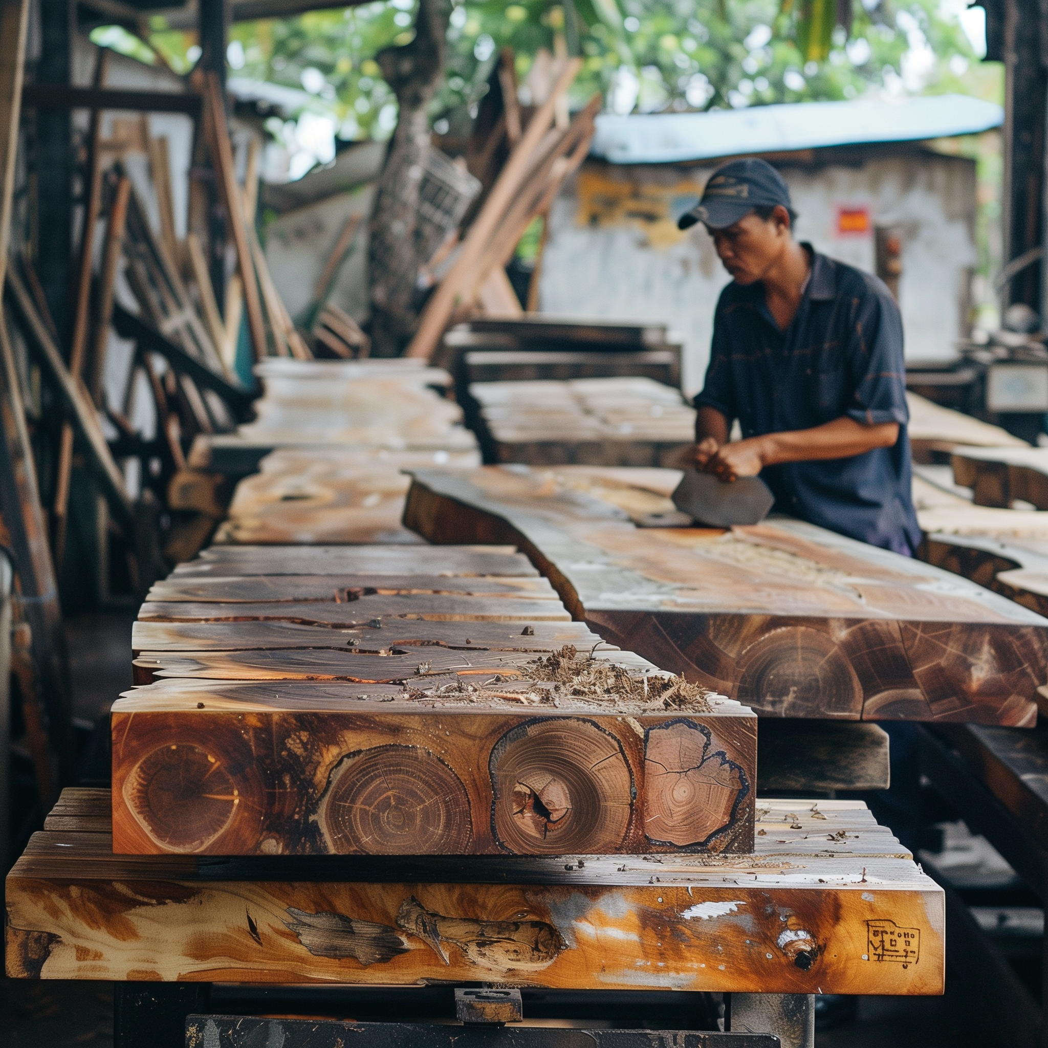 INDOOs Werkstätten : Teakholz Lager mit einem qualifiziertem Handwerker welcher das Holz für die Weiterverarbeitung vorbereitet