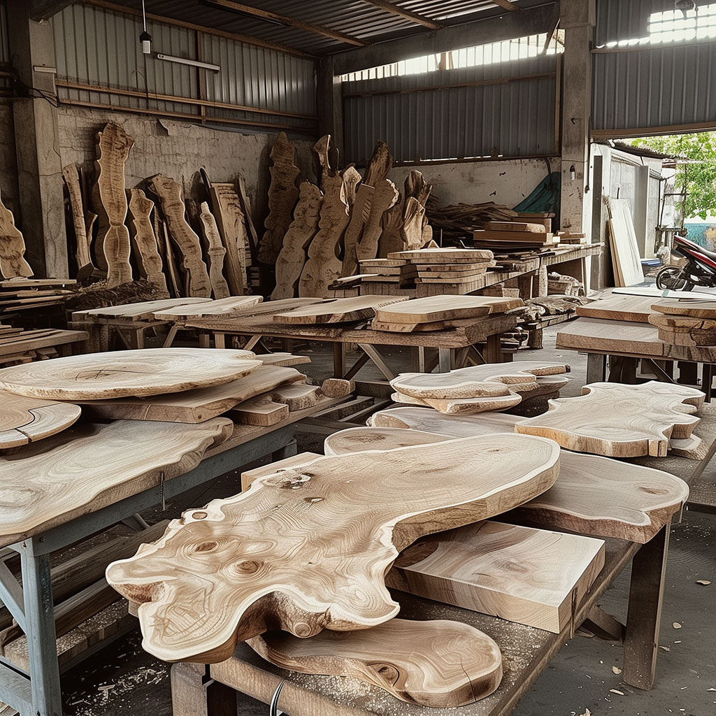 INDOO Holzlager mit hochwertigen Teakholz und Akazienholz, Vorbereitung für die Produktion unserer einzigartigen handgefertigten Kunstmöbeln