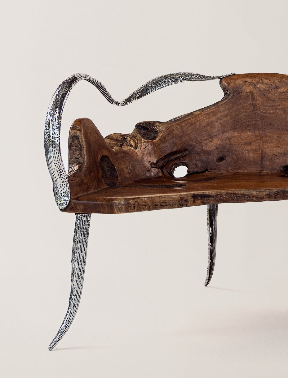 "Detaillierte Ansicht der 'TeakFusion Bank', die die geschwungene und lebendige Struktur des natürlichen Teakholzes und die elegant integrierten, glänzenden Edelstahlstreben hervorhebt, was sie zu einem Kunstwerk und einem funktionalen Möbelstück macht.