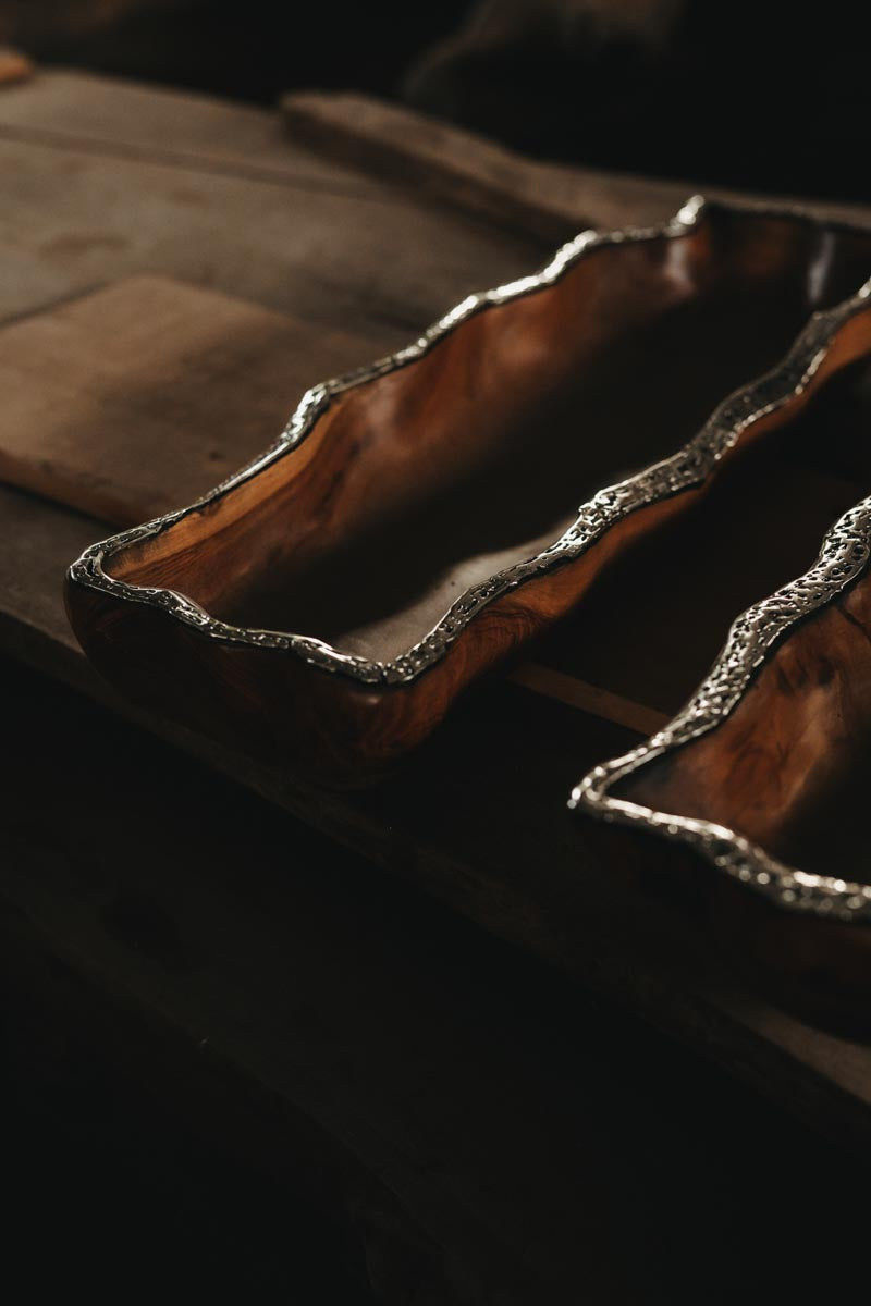 Teakholz Schale von INDOO.art rechteckig mit handgefertigten Edelstahleinfassungen