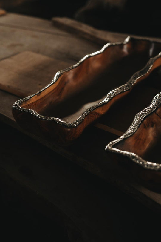 Teakholz Schale von INDOO.art rechteckig mit handgefertigten Edelstahleinfassungen