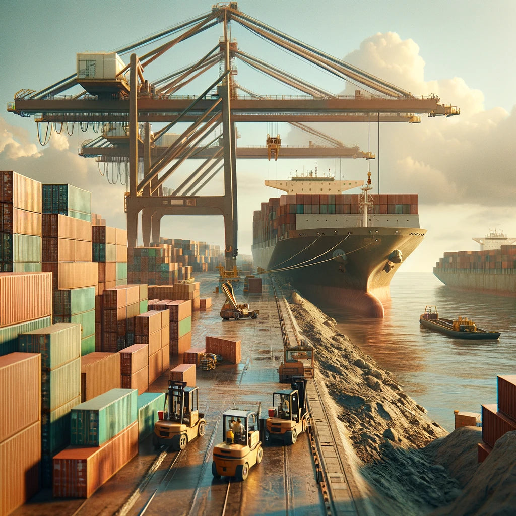 Containerhafen in Indonesien mit einem Schiff, das Holzwaren für den Export nach Deutschland entlädt, darunter unsere Skulpturen, Edelstahlfiguren, Tische, Sessel und Teakholzbänke. Einblicke in den Importprozess durch INDOO.